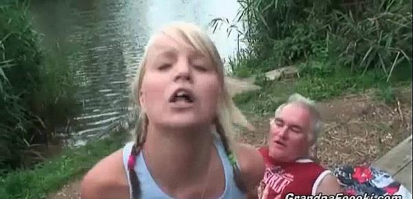  Gorgeous blonde rides dick on the river shore